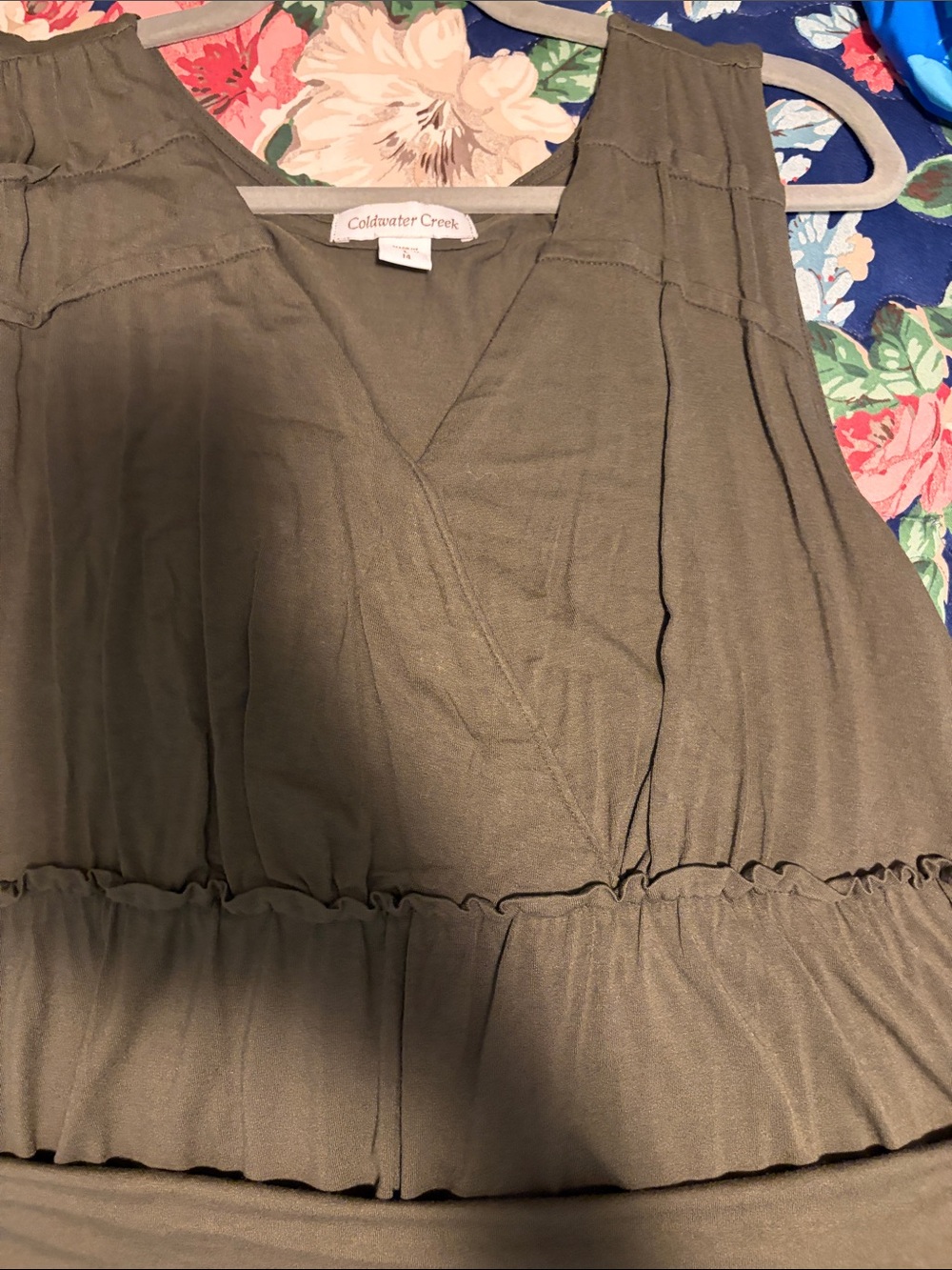 Coldwater Creek Olive Sleeveless V-Neck Tank with Gathered Waist